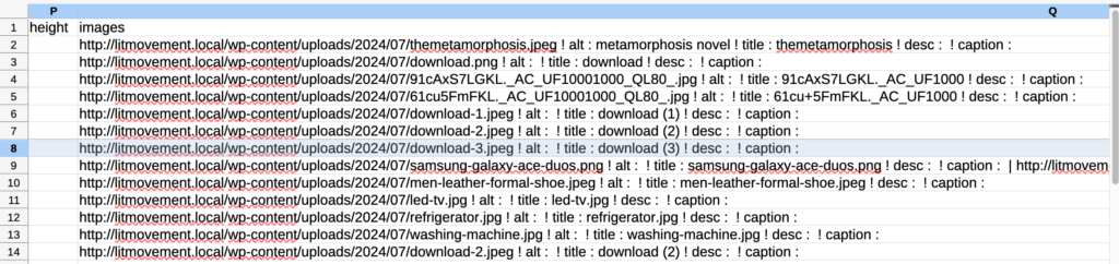 Exported excel file with product image data